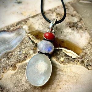 2218 Silver Pendant Necklace with Rainbow Moonstone & Red Coral Colored Accents
